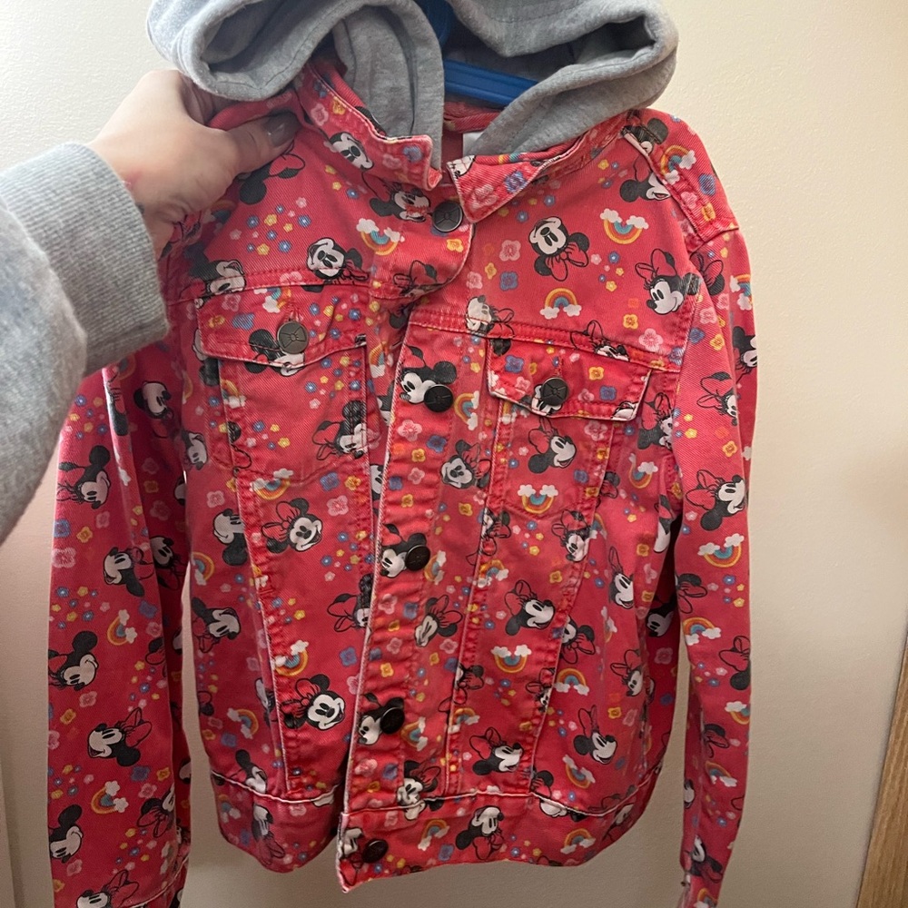 Disney Red Mickey Mouse Print Hooded Jean Jacket